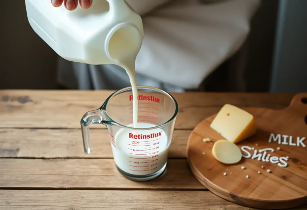 Une main verse du lait d'un seau en plastique dans une mesure en verre posée sur une table en bois.