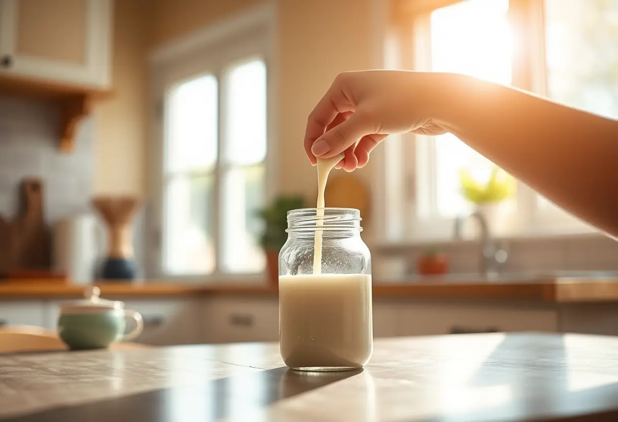 Une main verse du lait dans un bocal en verre dans une cuisine chaleureuse, éclairée par la lumière naturelle