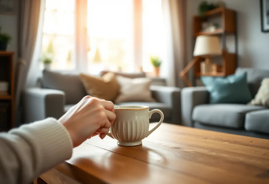 Main de femme posant délicatement une tasse en porcelaine sur une table dans une pièce accueillante, favorisant l'harmonie du couple