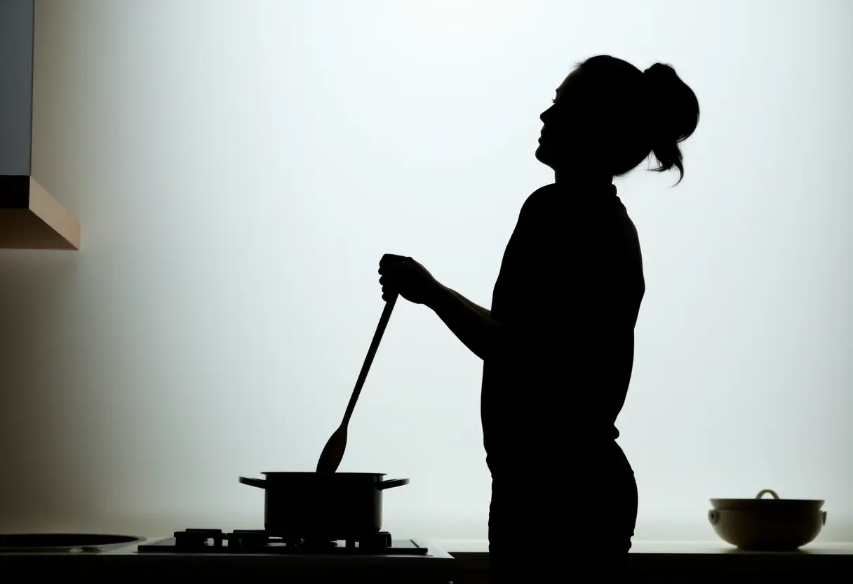 Silhouette de personne tenant une cuillère en bois dans une cuisine moderne, préparant un repas ensemble, symbole de connexion et de soutien mutuel