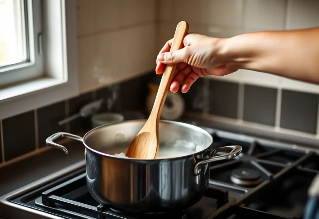 Main: Une main féminine tenant une cuillère en bois au-dessus d'une marmite sur une cuisinière.