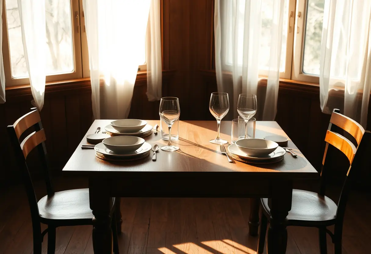 Main: Un grand table de cuisine avec deux couverts posés.