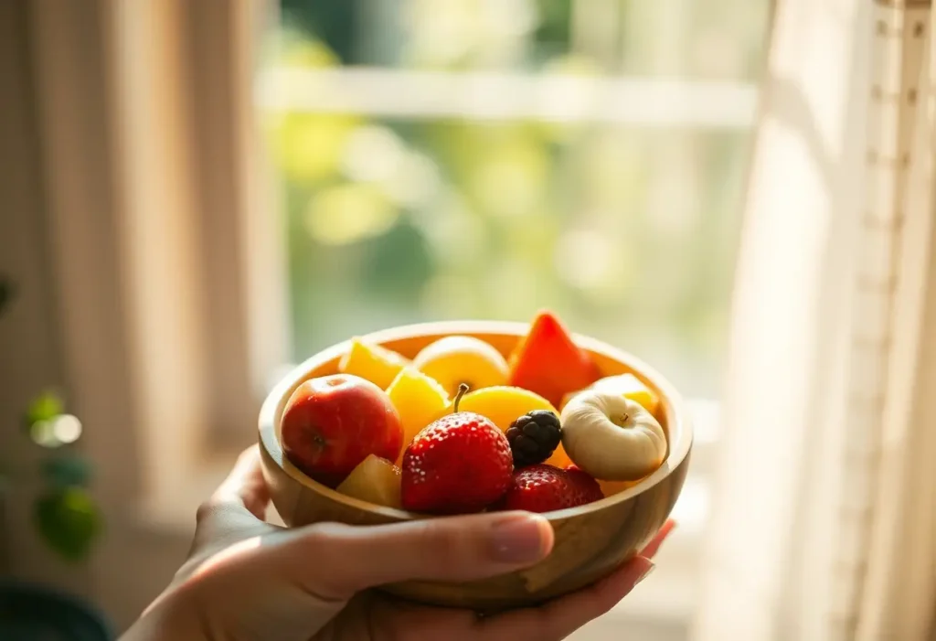 Une main féminine tenant un bol en bois avec des fruits frais, la lumière naturelle souligne la chaleur et le confort de la nourriture