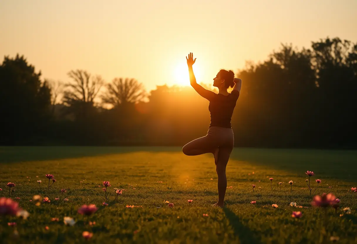 Un profil de femme pratiquant le yoga sur une pelouse verdoyante, entourée de fleurs en fleur, la lumière du matin met en valeur la tranquillité et la connexion à la nature
