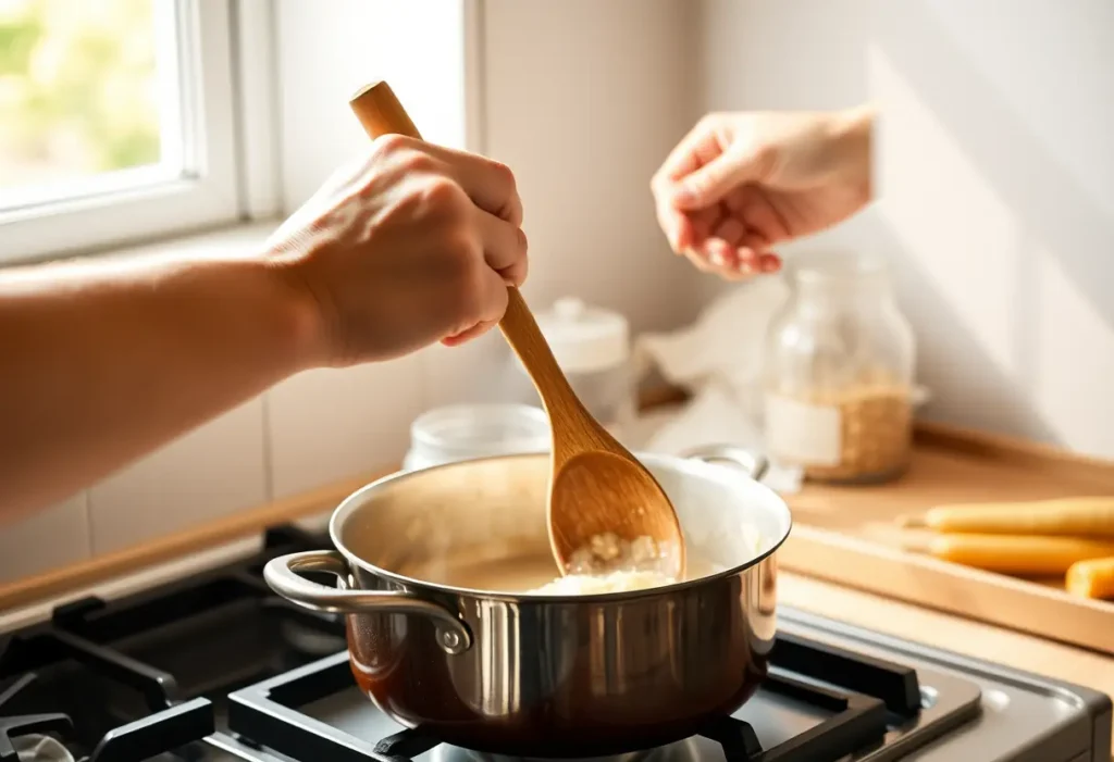Des mains tenant une cuillère en bois au-dessus d'une casserole sur un feu doux, symbolisant la cuisine partagée