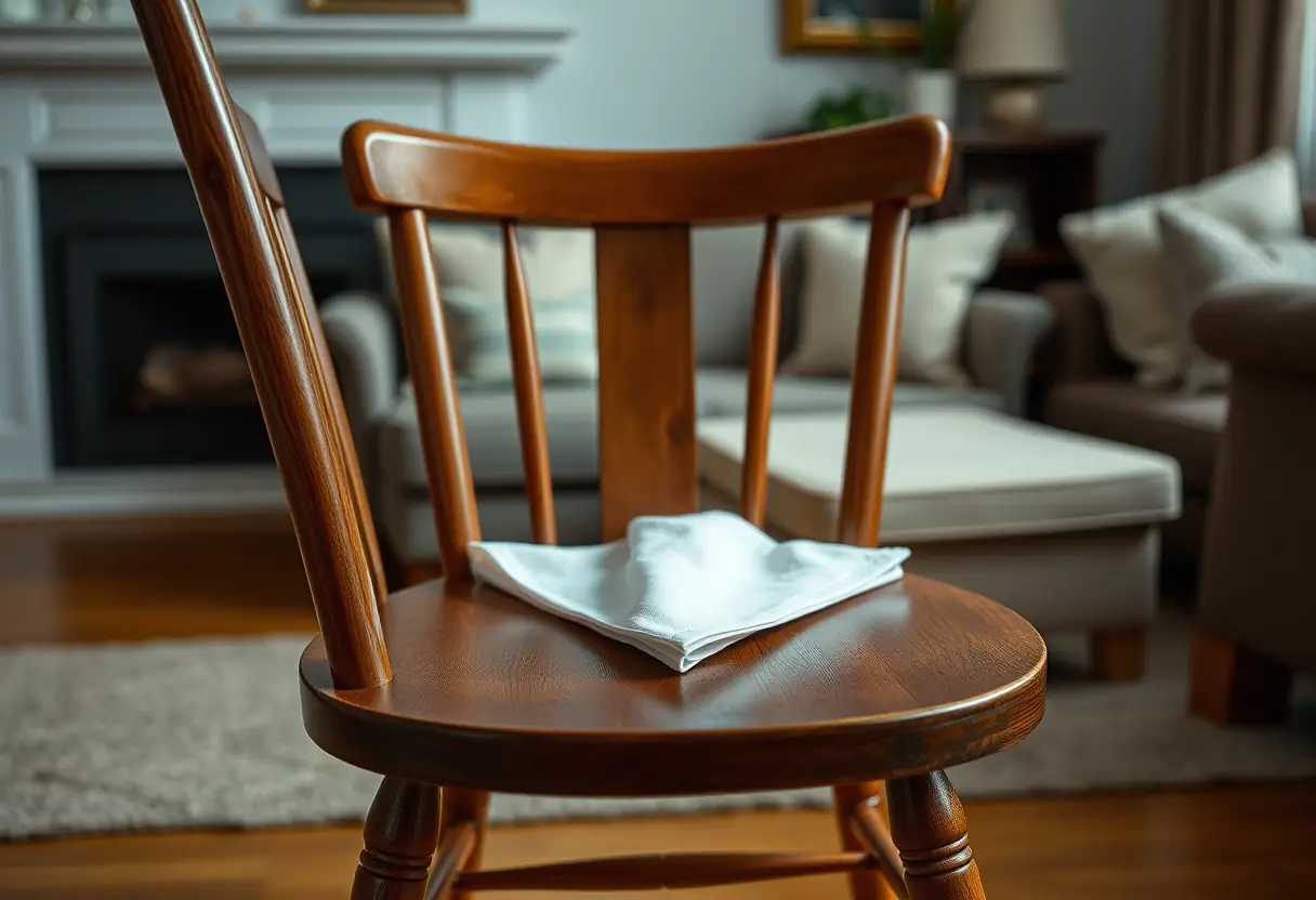 Un fauteuil en bois dans un salon, garni d’un mouchoir soigneusement plié, illustrant l'importance des petits gestes dans une relation