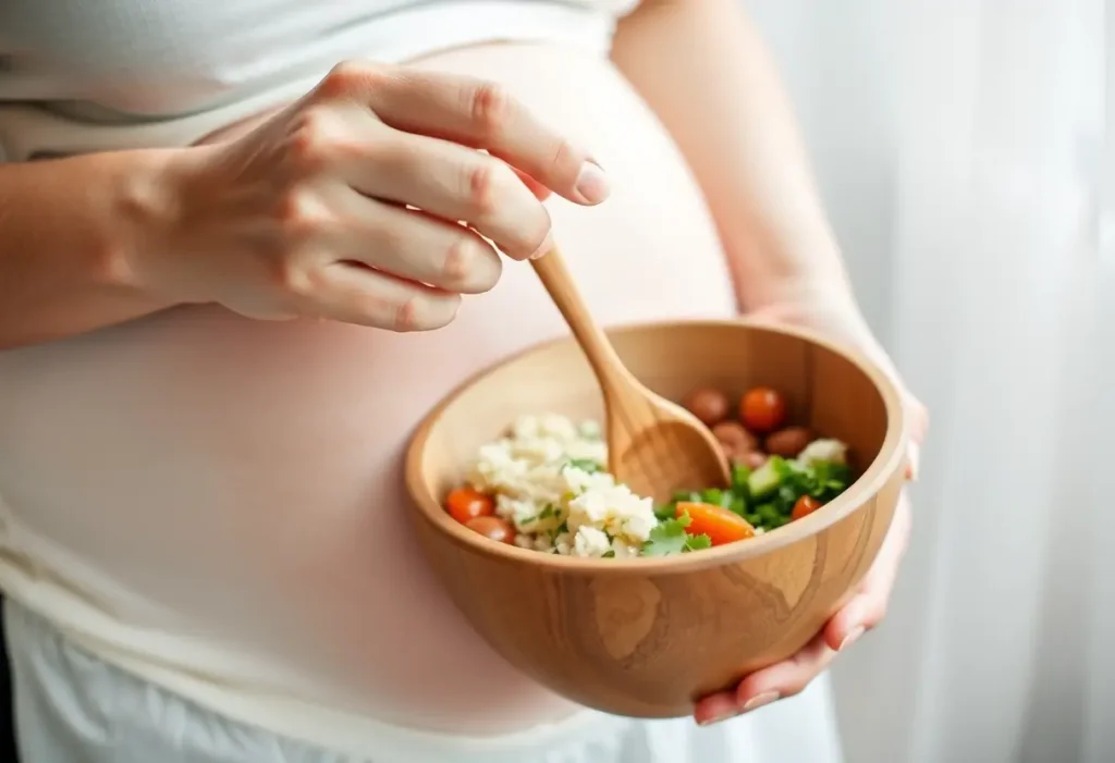 Une main posant délicatement une cuillère en bois dans un bol pour préparer un repas sain pendant la grossesse