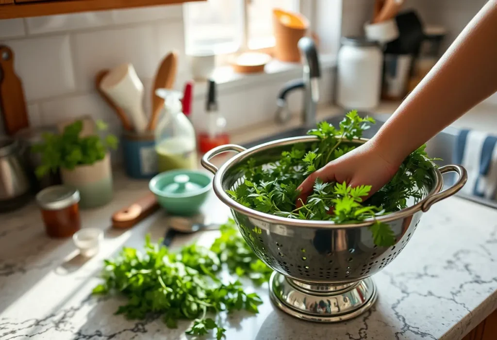 Un égouttoir en acier inoxydable rempli d'herbes fraîches sur un plan de travail de cuisine