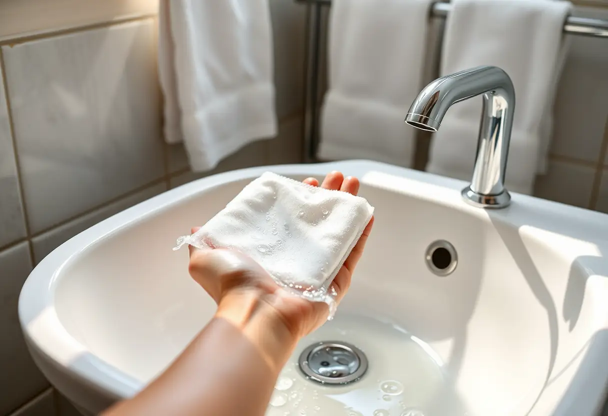 Un gant de toilette en coton trempé dans un lavabo de salle de bains