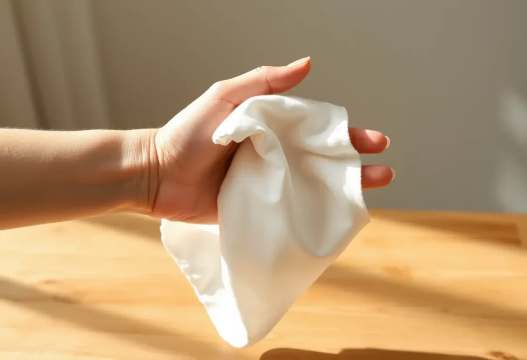 Main du lecteur tenant un tissu en coton dans une lumière douce, évoquant les bienfaits d'une culotte menstruelle.