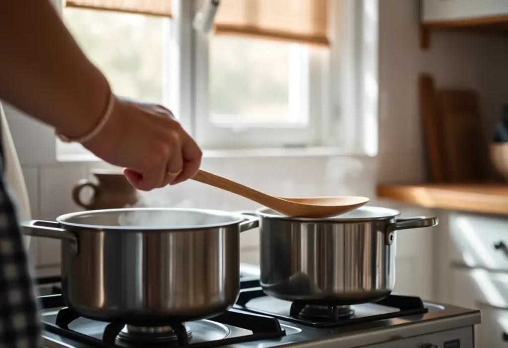 Une main féminine tient une cuillère en bois près d’une casserole dans une cuisine accueillante, symbolisant l'adaptation alimentaire.