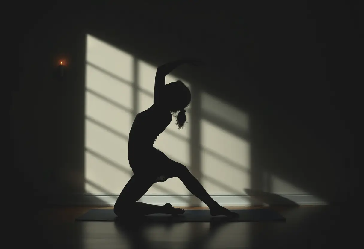 Une silhouette de femme s'étire sur un tapis de yoga dans une pièce éclairée par une bougie, mettant en lumière l'importance de l'activité physique.
