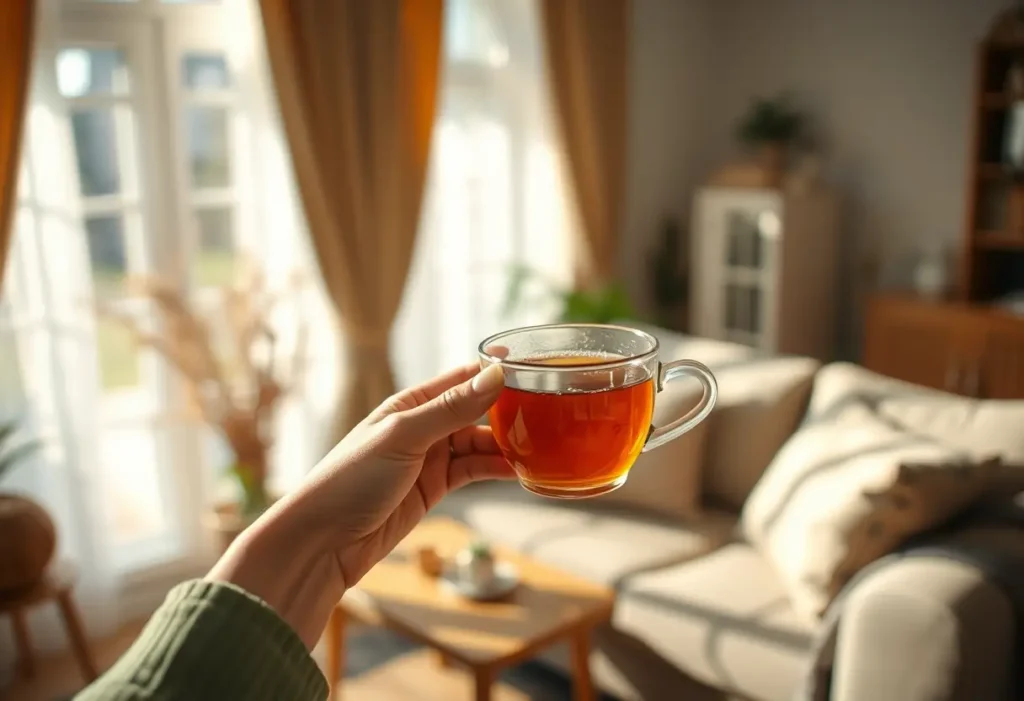 Une main tenant une tasse de thé chaud dans un salon accueillant, propice au bien-être