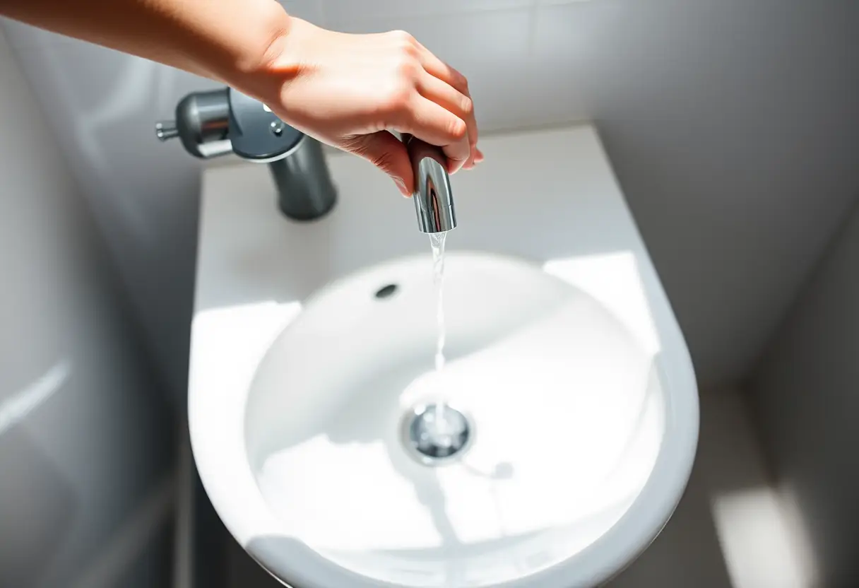 Une main qui se tend vers un robinet dans une salle de bains, symbolisant la prise en charge de son cycle menstruel