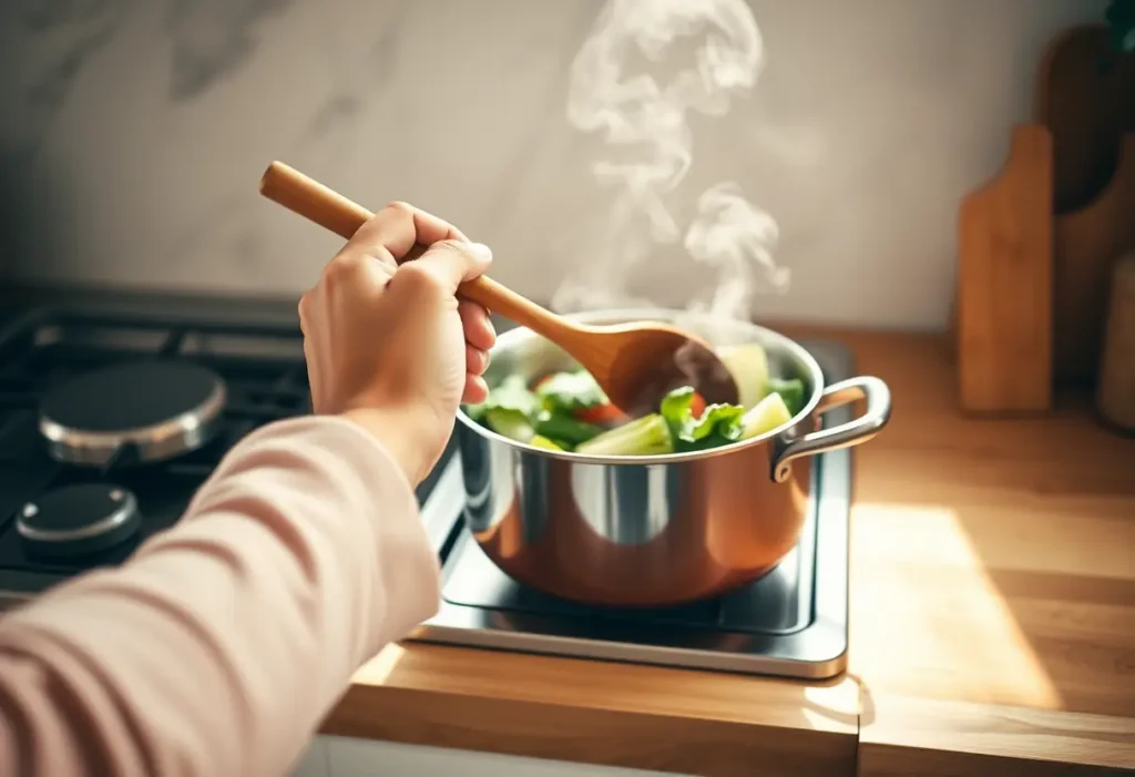 Une main féminine tient une cuillère en bois dans la cuisine, symbolisant une alimentation équilibrée.