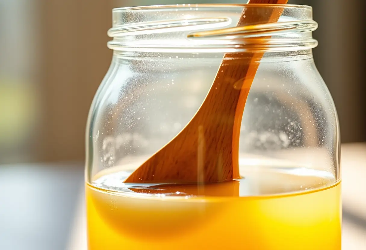 Cuillère en bois dans un bocal de liquide jaune pâle, symbole de pertes vaginales