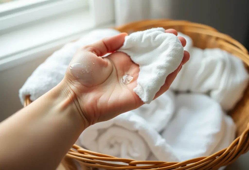 Une main tenant une serviette en coton posée sur un panier en bois rempli de linges propres.