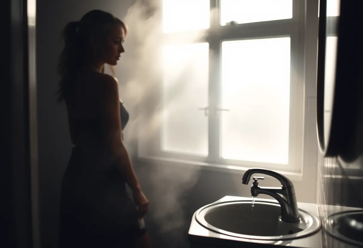 La silhouette d'une femme dans une salle de bains embuée, près d'un lavabo en porcelaine avec une flaque d'eau dans un récipient métallique.
