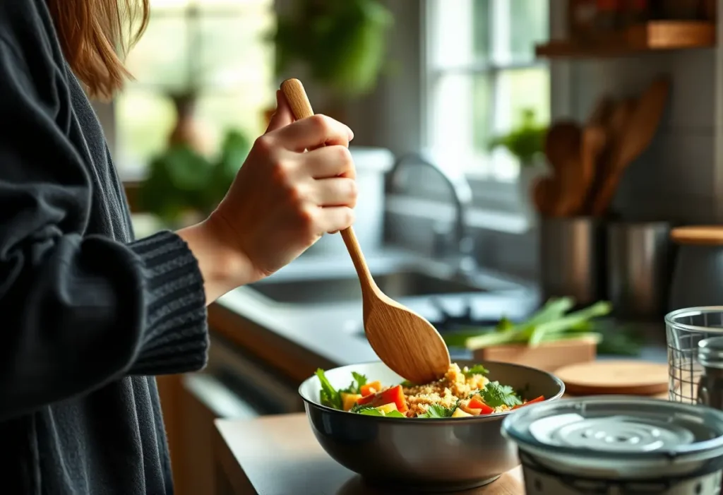 Une main féminine tient une cuillère en bois dans une cuisine accueillante, lumière naturelle chaleureuse