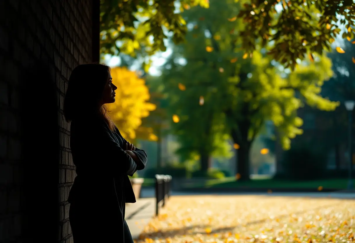 Silhouette de femme dans un parc urbain, bras croisés, contemplant les saisons changeantes
