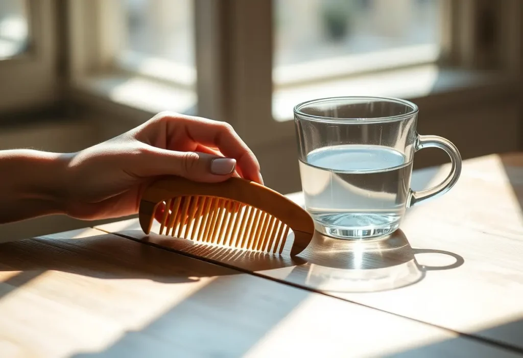 Une main féminine tient délicatement un peigne en bois dans une lumière douce