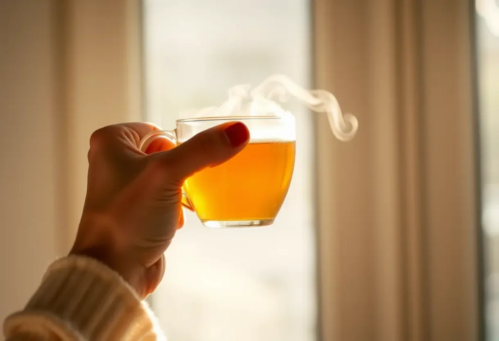 Une main féminine tient une tasse de thé chaud, évoquant apaisement et bien-être