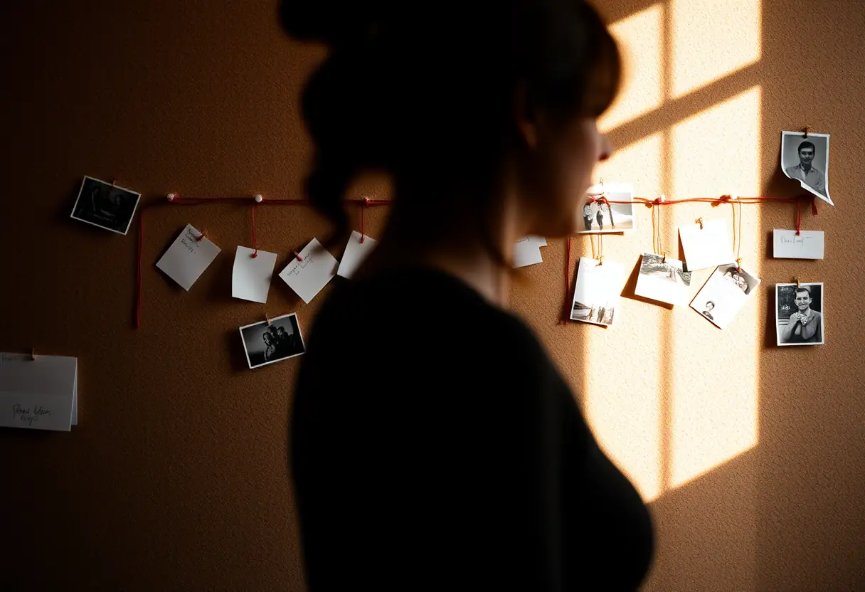 Silhouette d'une femme devant un tableau mural avec des notes et photos, rappelant le suivi personnel des symptômes