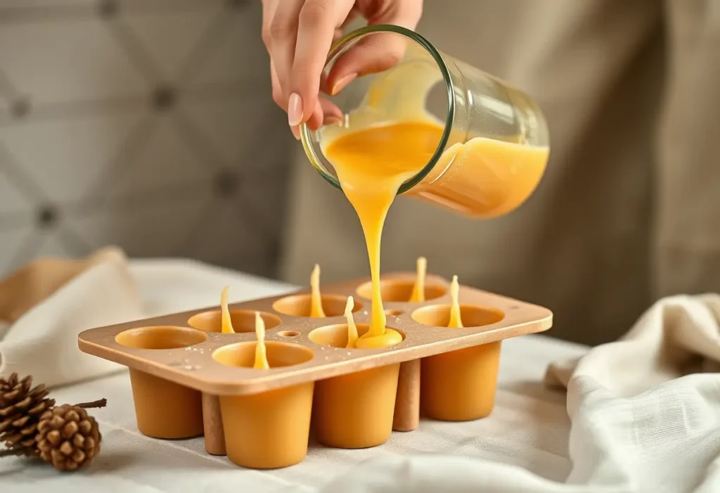 Une main versant une mixture dans un moule pour fabriquer des bougies à la cire d'abeille, créant une atmosphère chaleureuse et accueillante