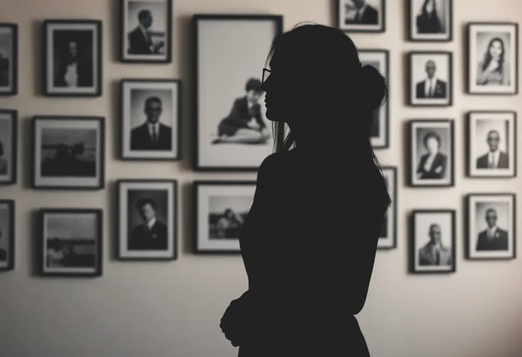 Un profil flou d'une femme contre un mur couvert de photographies en noir et blanc encadrées, représentant les souvenirs qui contribuent au fardeau mental