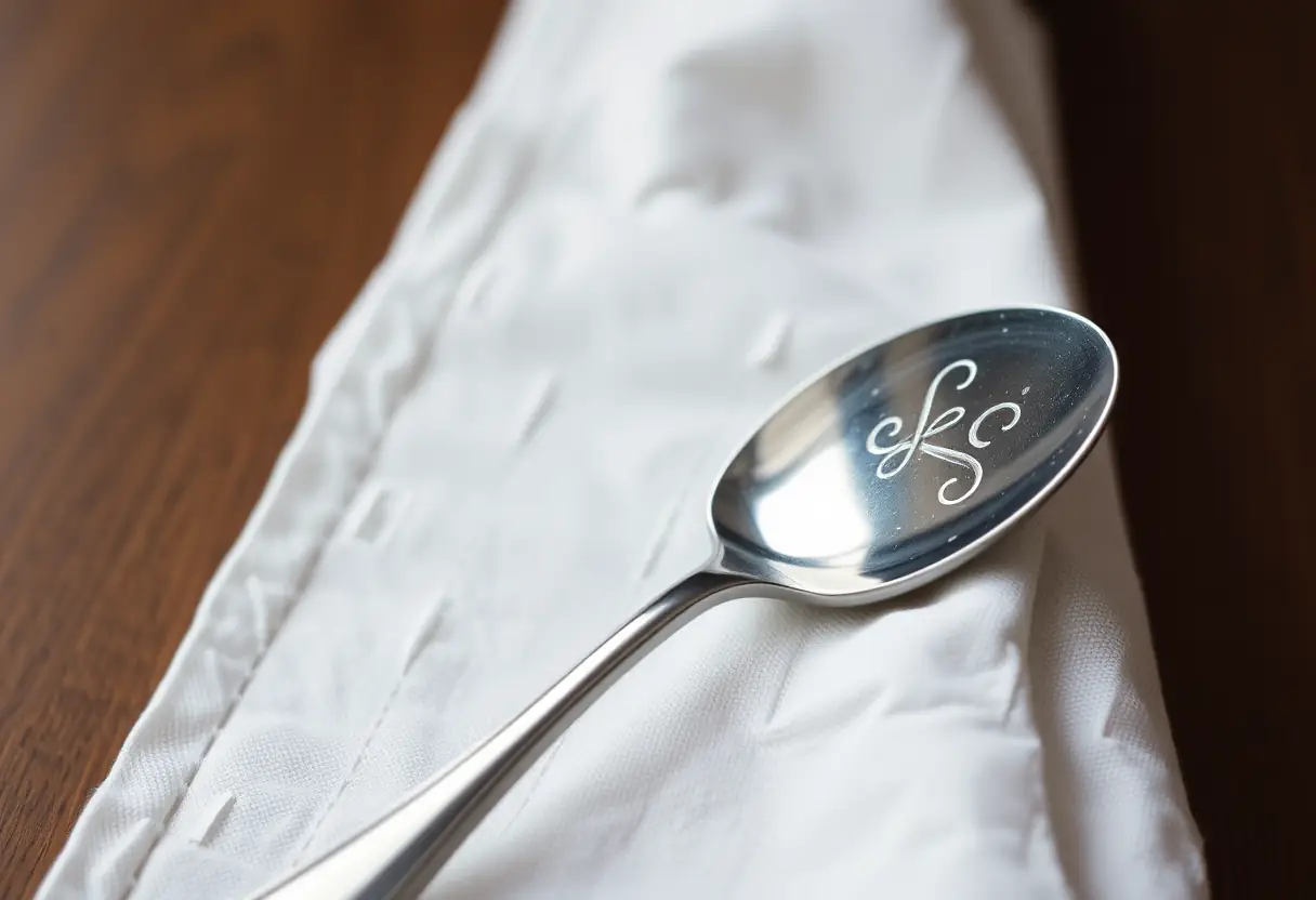 Une cuillère en argent posée sur une serviette en coton blanc, représentant les petites tâches qui s'accumulent pour devenir un fardeau significatif