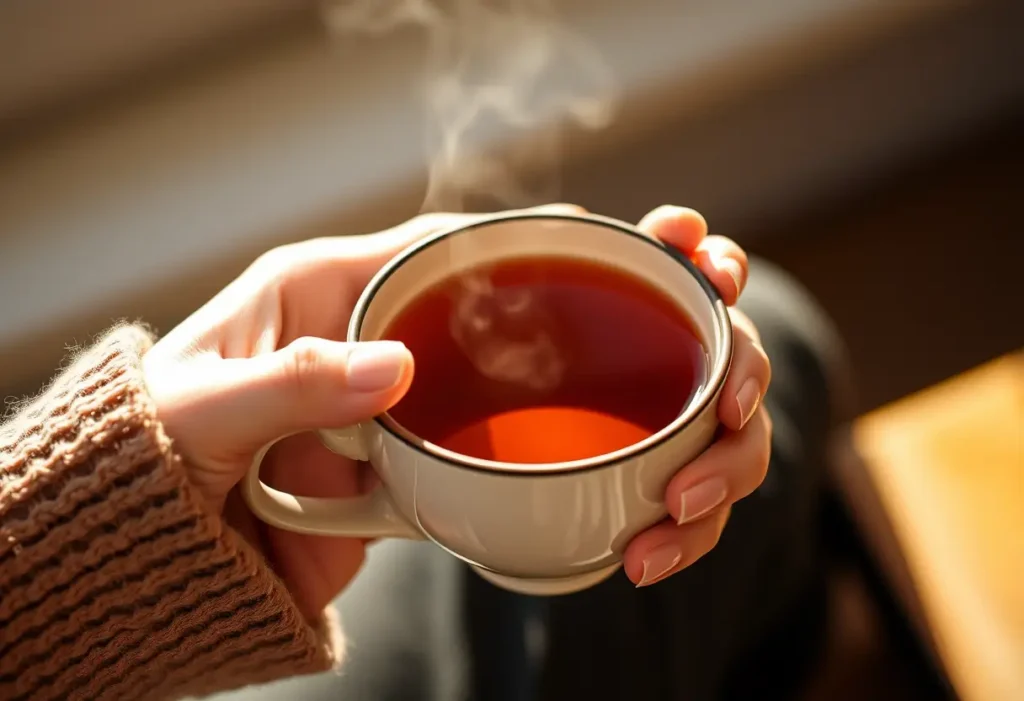 Une main féminine tient délicatement une tasse en porcelaine pleine de thé fumant