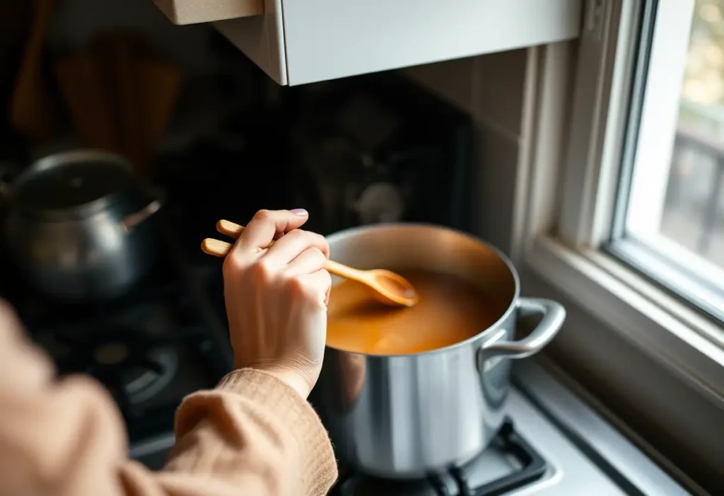 Une main féminine tient délicatement une cuillère en bois dans une cuisine, éclairée par la lumière naturelle.