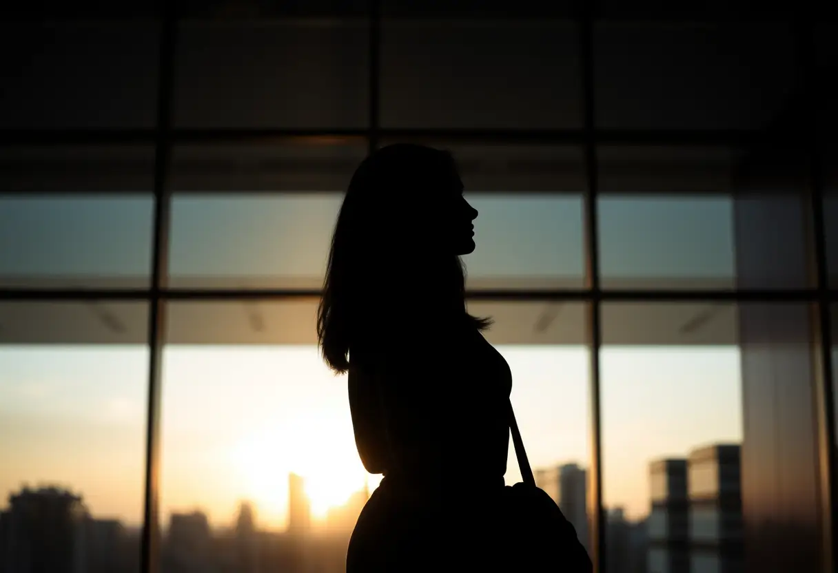 Un reflet féminin se mêle à la ville au crépuscule, éclairé par la lumière naturelle.