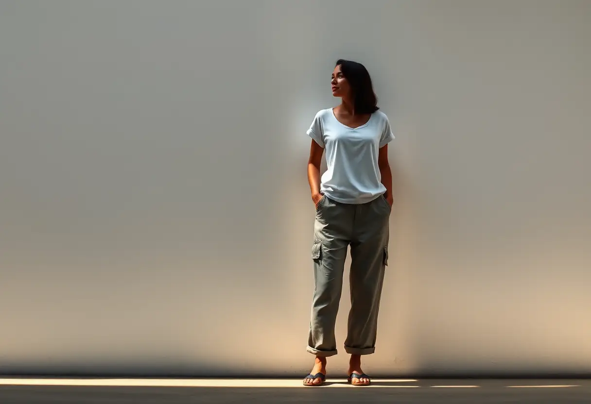 Silhouette d'une femme vêtue de pantalons en lin et d'un haut en coton, évoquant simplicité et acceptation de soi.