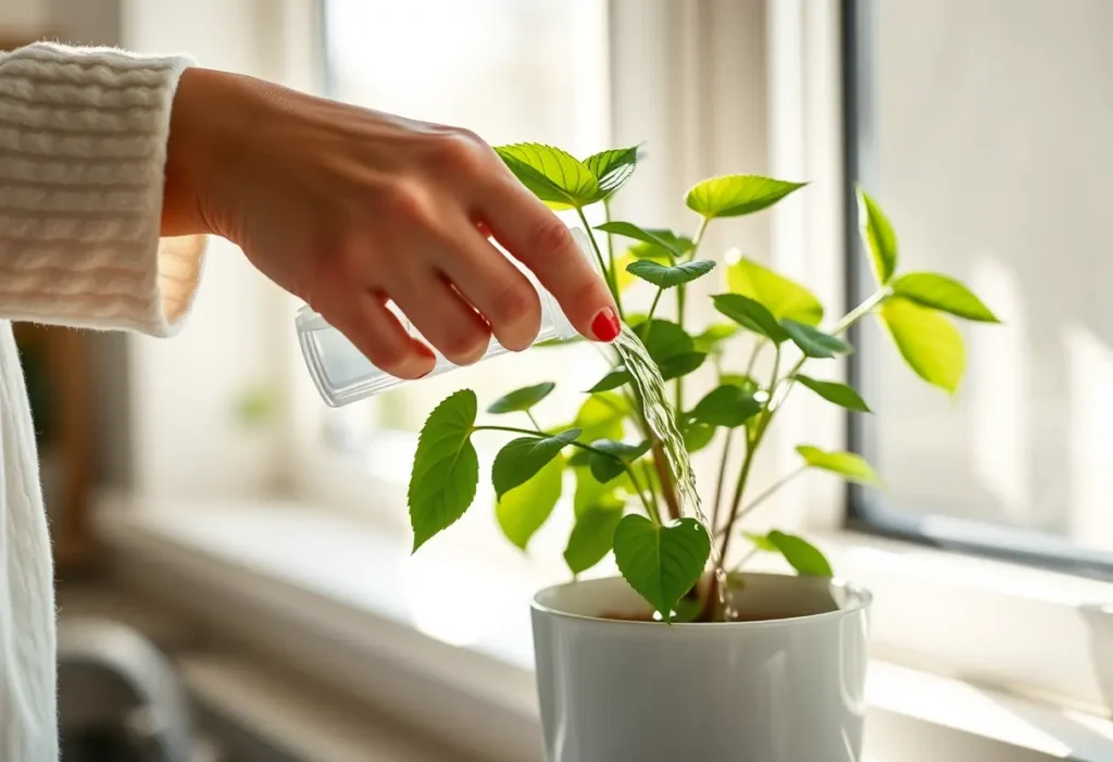 Une main féminine arrosant une plante dans une cuisine baignée de lumière naturelle, symbolisant le soin et la bienveillance.