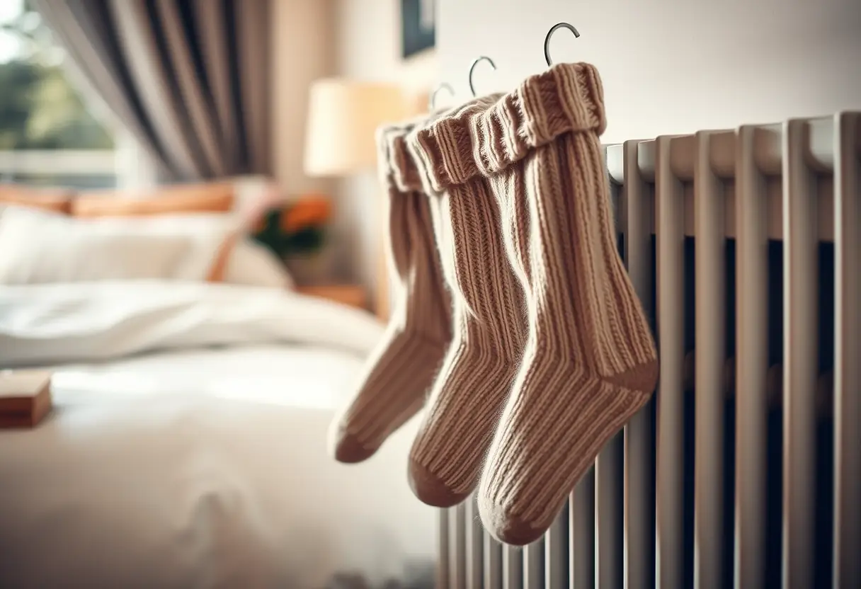 Un paire de chaussettes en laine suspendue sur un radiateur dans une chambre accueillante, symbolisant la chaleur et le confort.