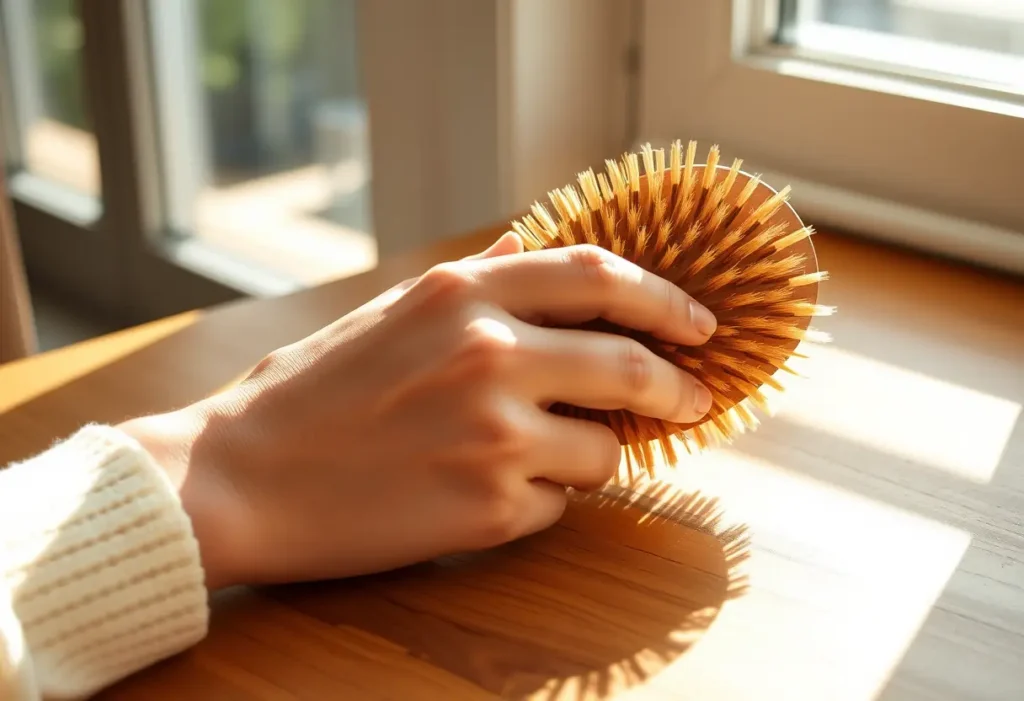 Une main féminine tenant doucement un peigne en bois avec poils souples, éclairée par la lumière du jour. L'attention portée au bien-être corporel.