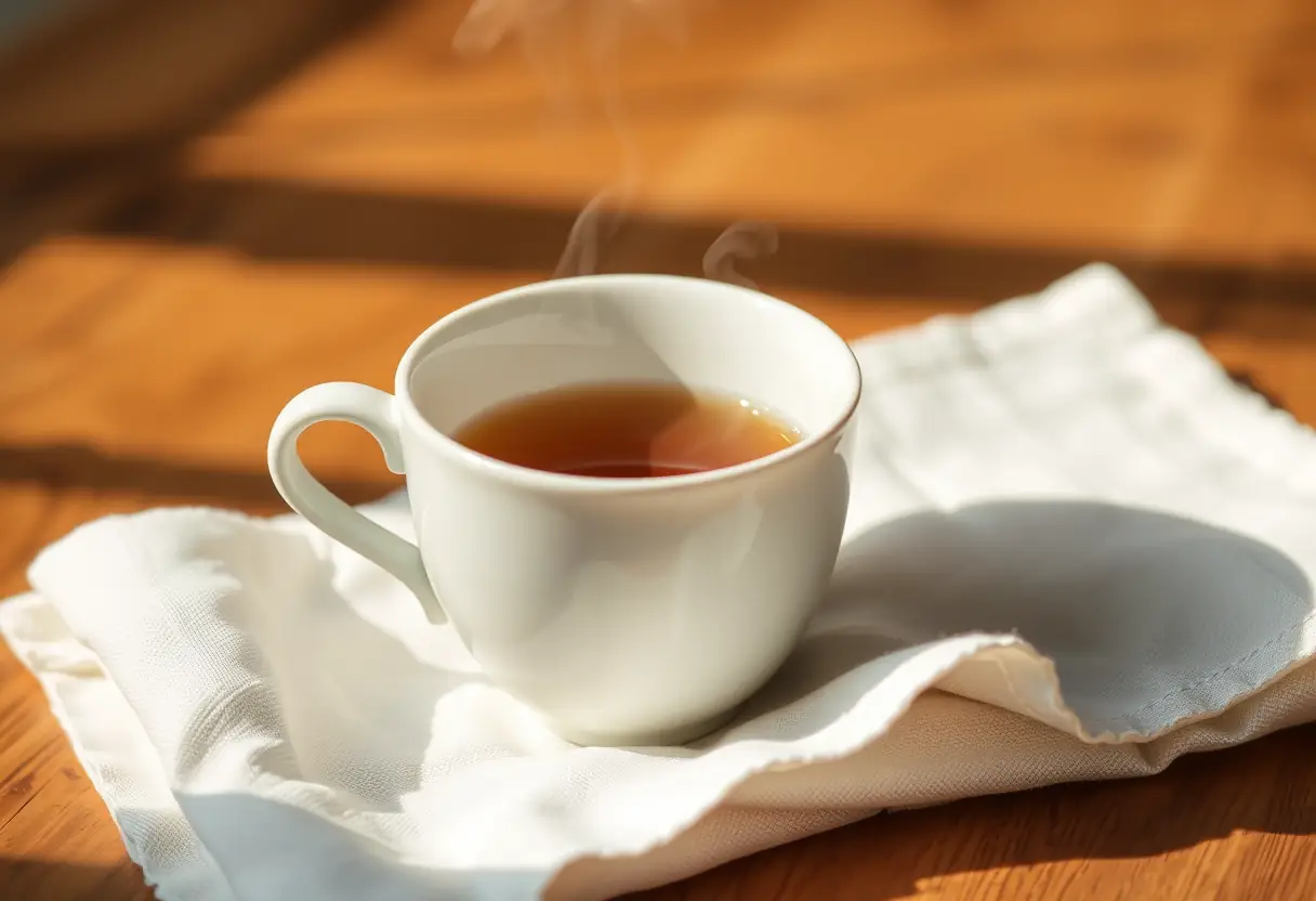 Une tasse de thé posée sur une serviette blanche, avec de la vapeur qui s'échappe. Les petits moments de confort quotidiens sont importants pour le bien-être.