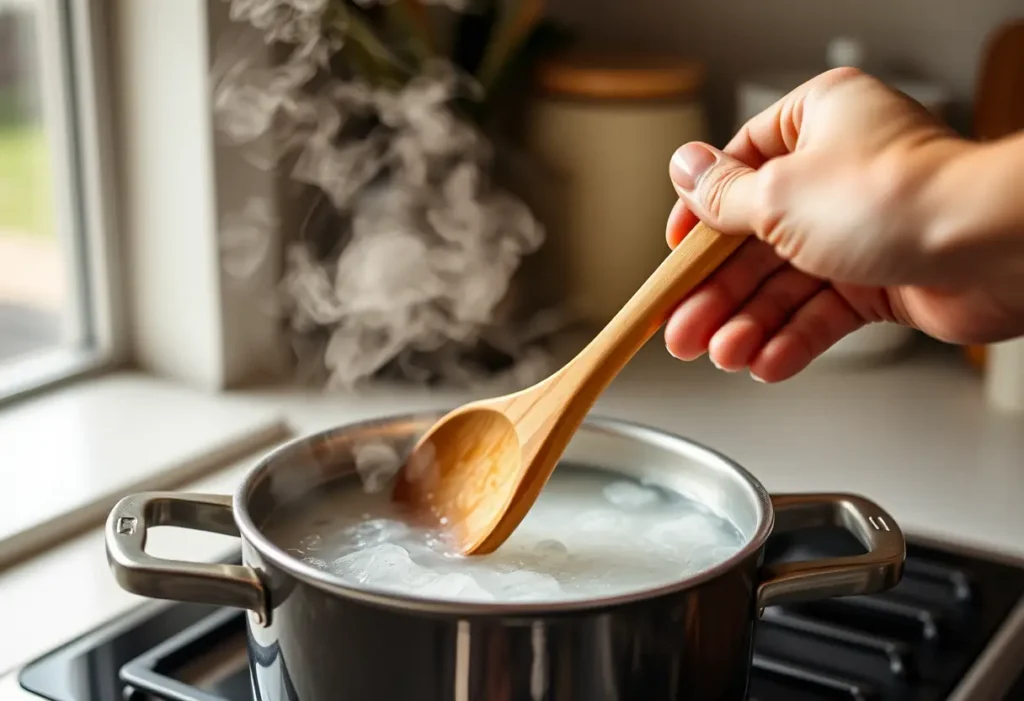 Main de femme tenant une cuillère en bois dans une cuisine, préparant une soupe pour une détox.