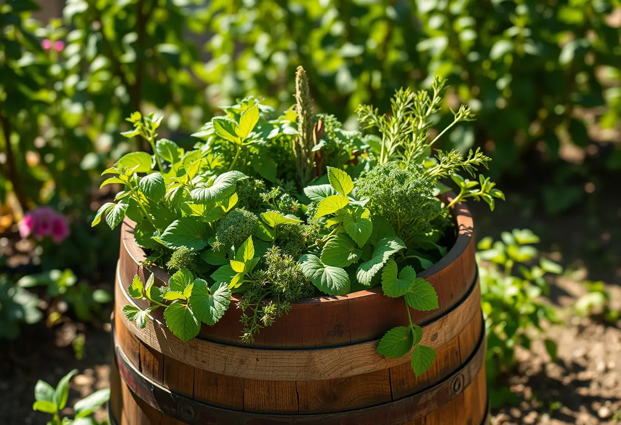Baril rempli d'herbes fraîches dans un jardin, sous un soleil radieux, symbolisant la détoxification naturelle.
