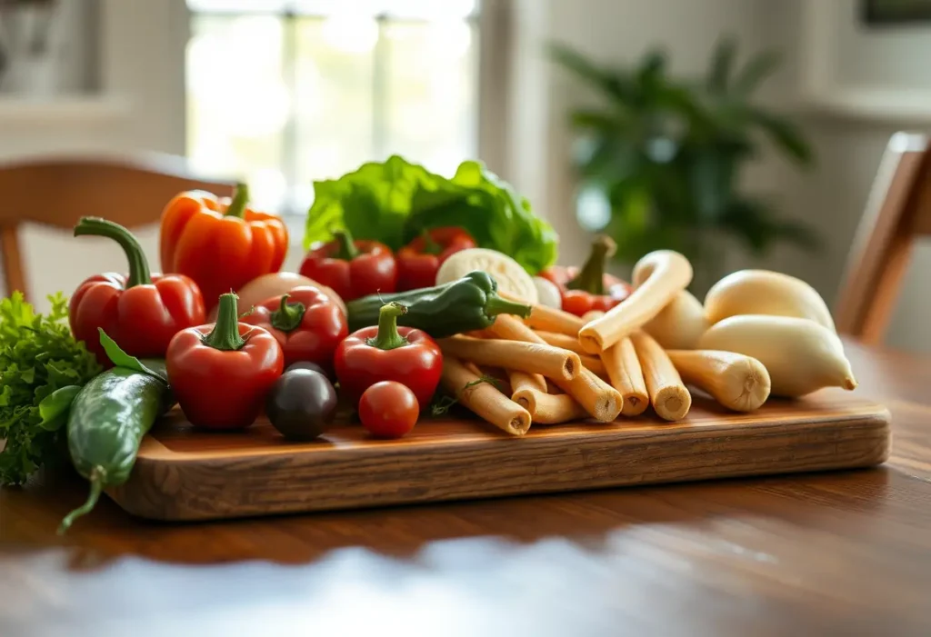 Un plan de travail en bois garni de légumes frais sur une table de salle à manger, éclairé par la lumière du jour, sain pour la digestion.