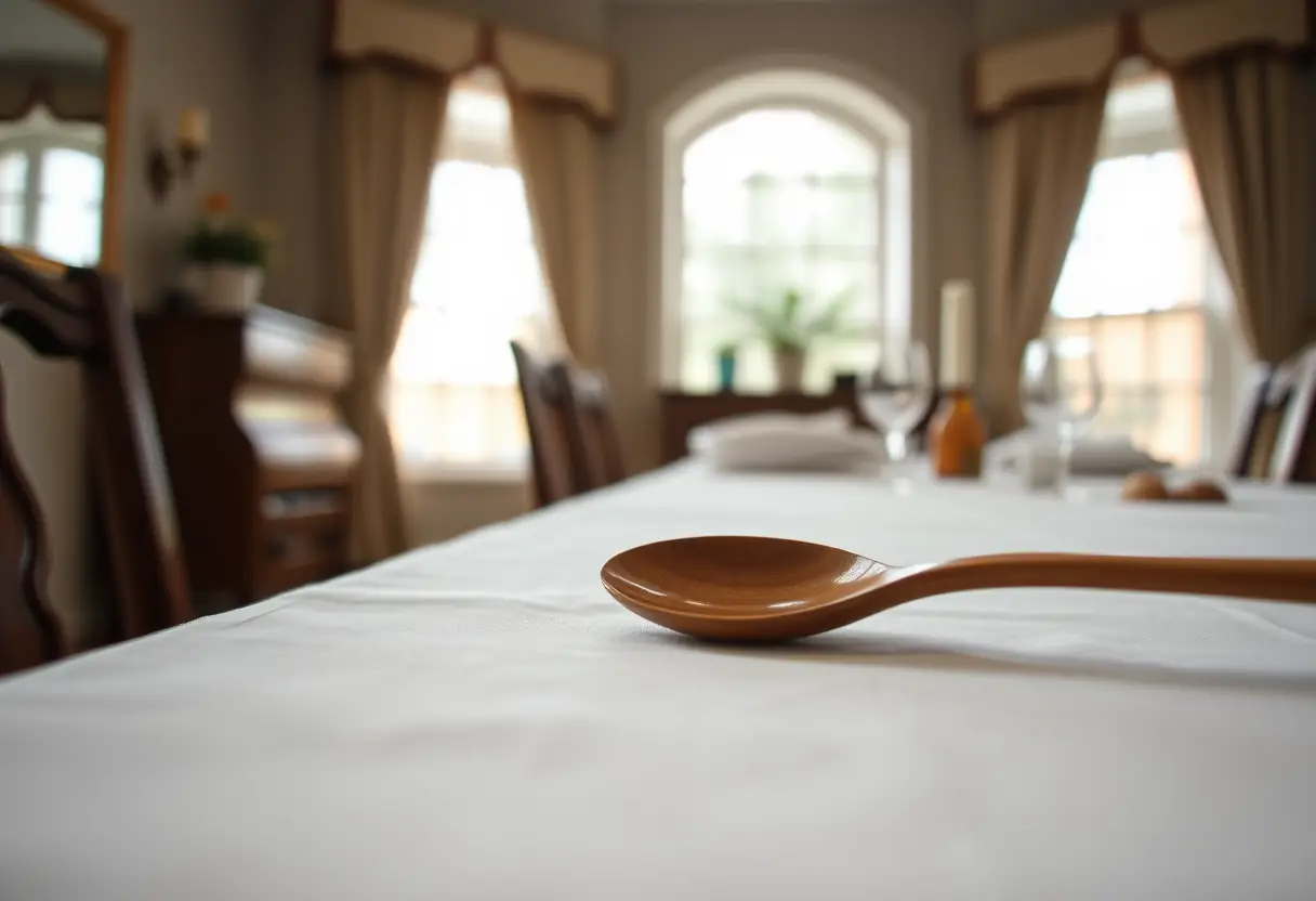 Un couteau en bois posé sur une nappe blanche dans une salle à manger, reflétant la lumière douce venue des fenêtres, lien avec l'acceptation de soi