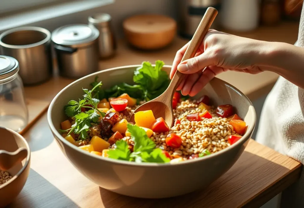 Main de femme mélangeant des légumes colorés et des grains dans une grande casserole en céramique