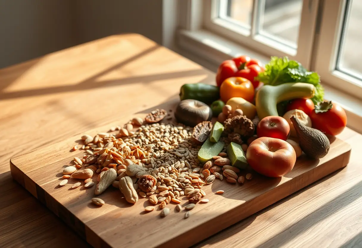 Planche à découper en bois couverte de fruits, légumes et graines saines