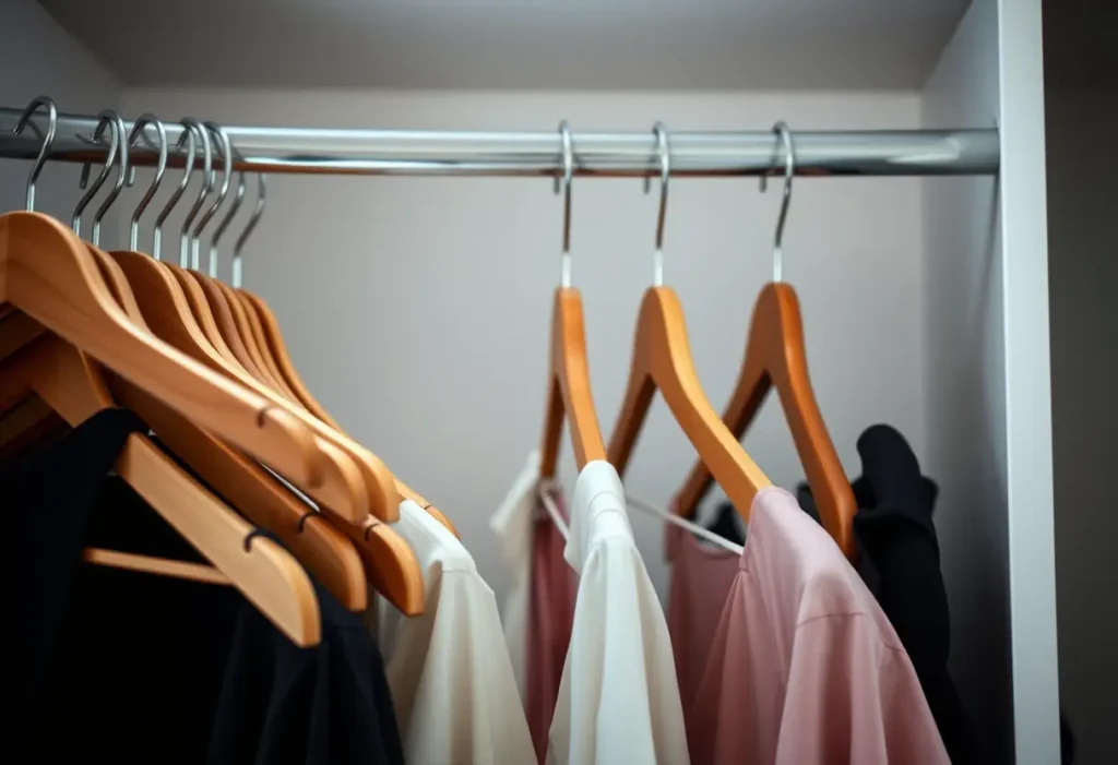 Un porte-manteau en bois avec des robes, symbole des choix et de la confiance en son style personnel