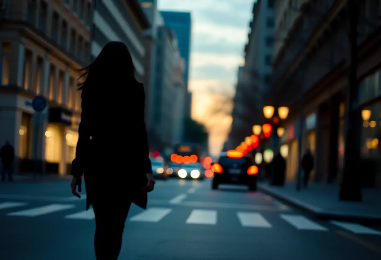 Silhouette d'une femme marchant dans la ville au crépuscule, parcourir le chemin vers l'estime de soi
