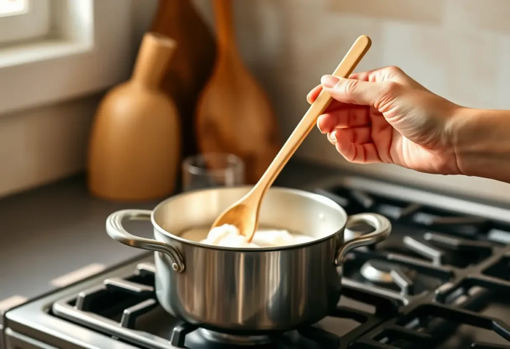 Main du bien-être : une main tient une cuillère en bois dans une cuisine