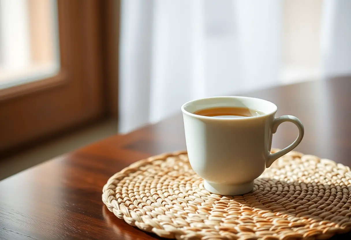 Tasse de thé apaisante : une boisson chaude posée sur une coquette table ronde
