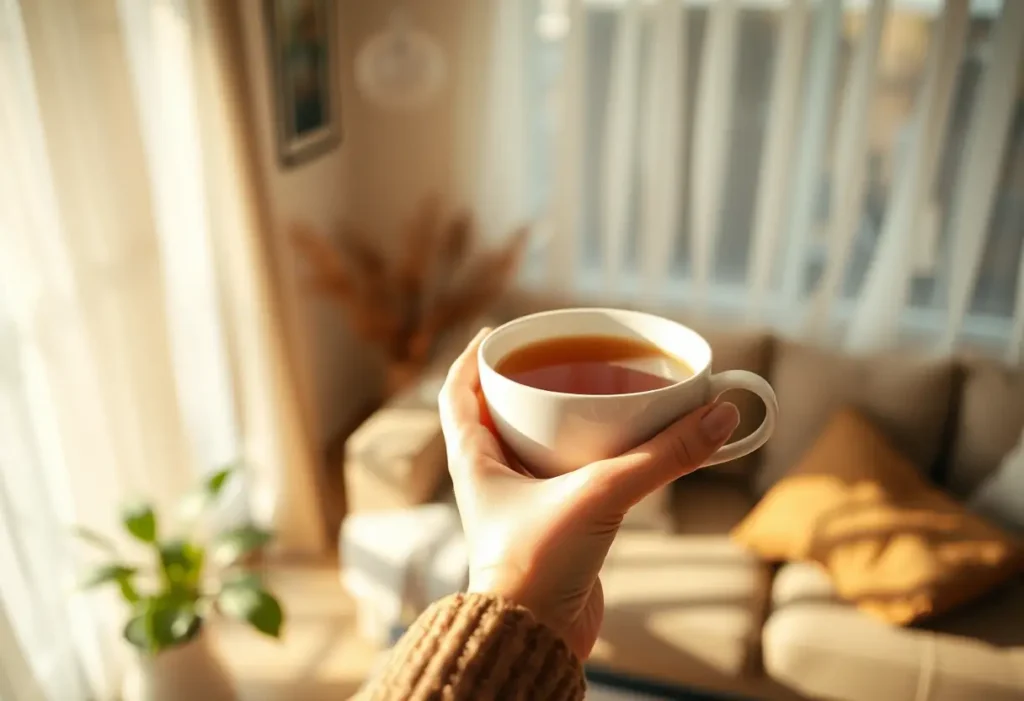 Une main tenant une tasse de thé chaud dans un salon accueillant, propice au bien-être personnel