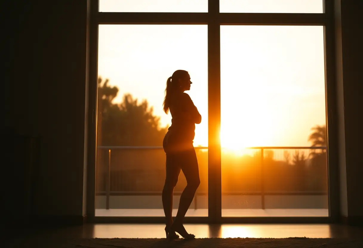 Un profil d'une femme près d'une fenêtre, éclairée par le soleil couchant, symbolisant la paix intérieure
